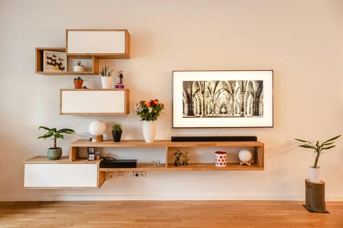 Floating wall shelves styled with a few decor pieces