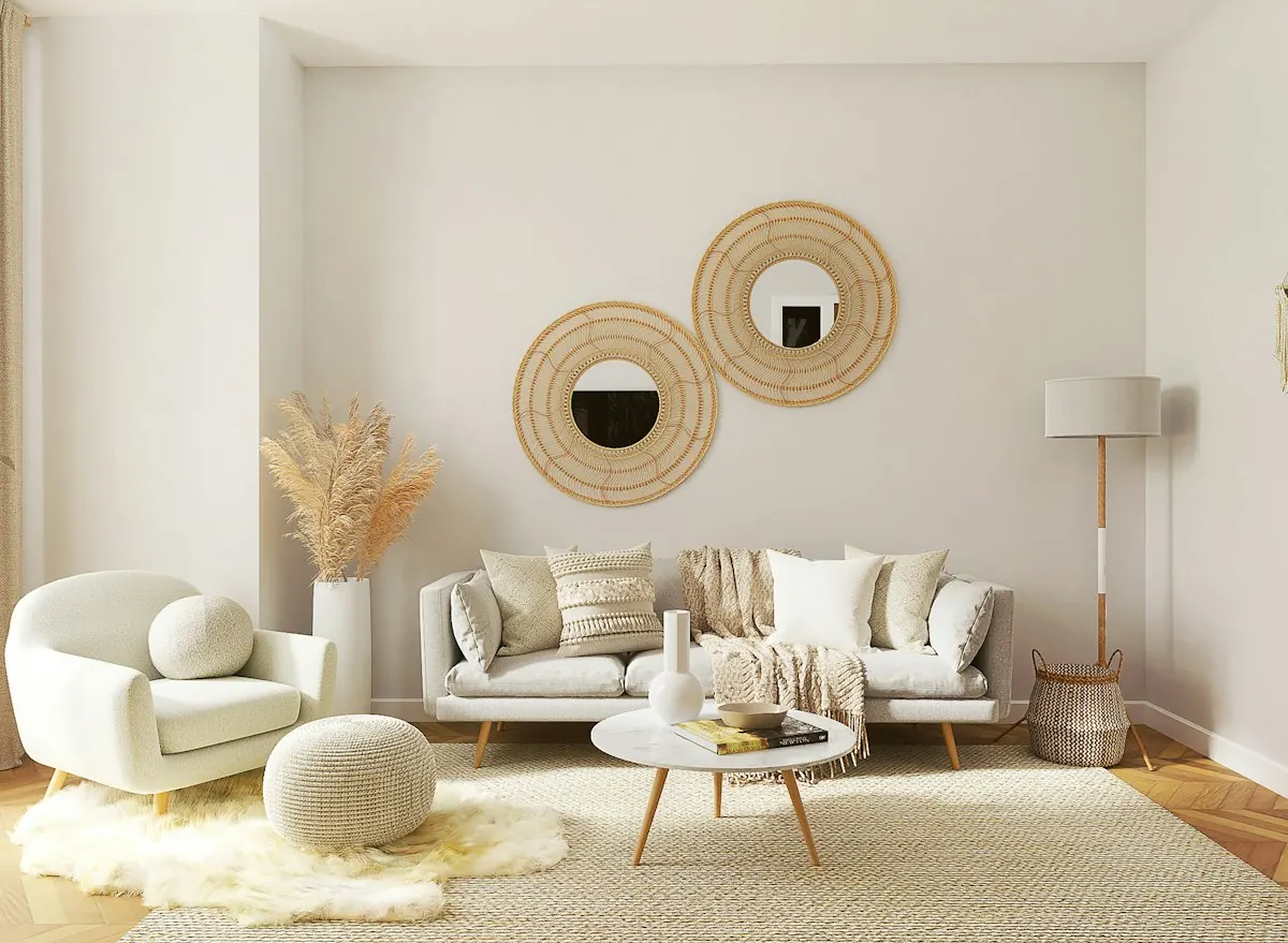 Bright, styled living room with neutral sofa, plants and woven accents