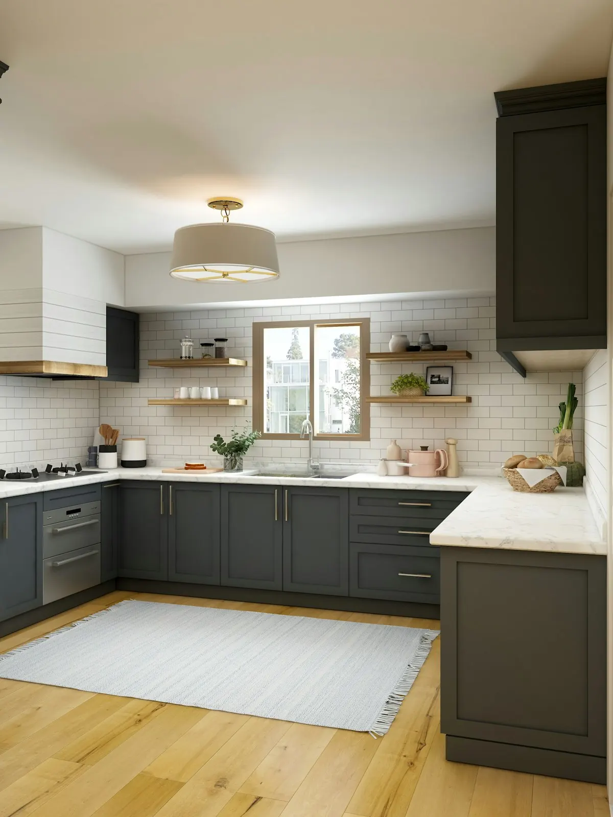Organized kitchen with open wood shelves and tidy countertops
