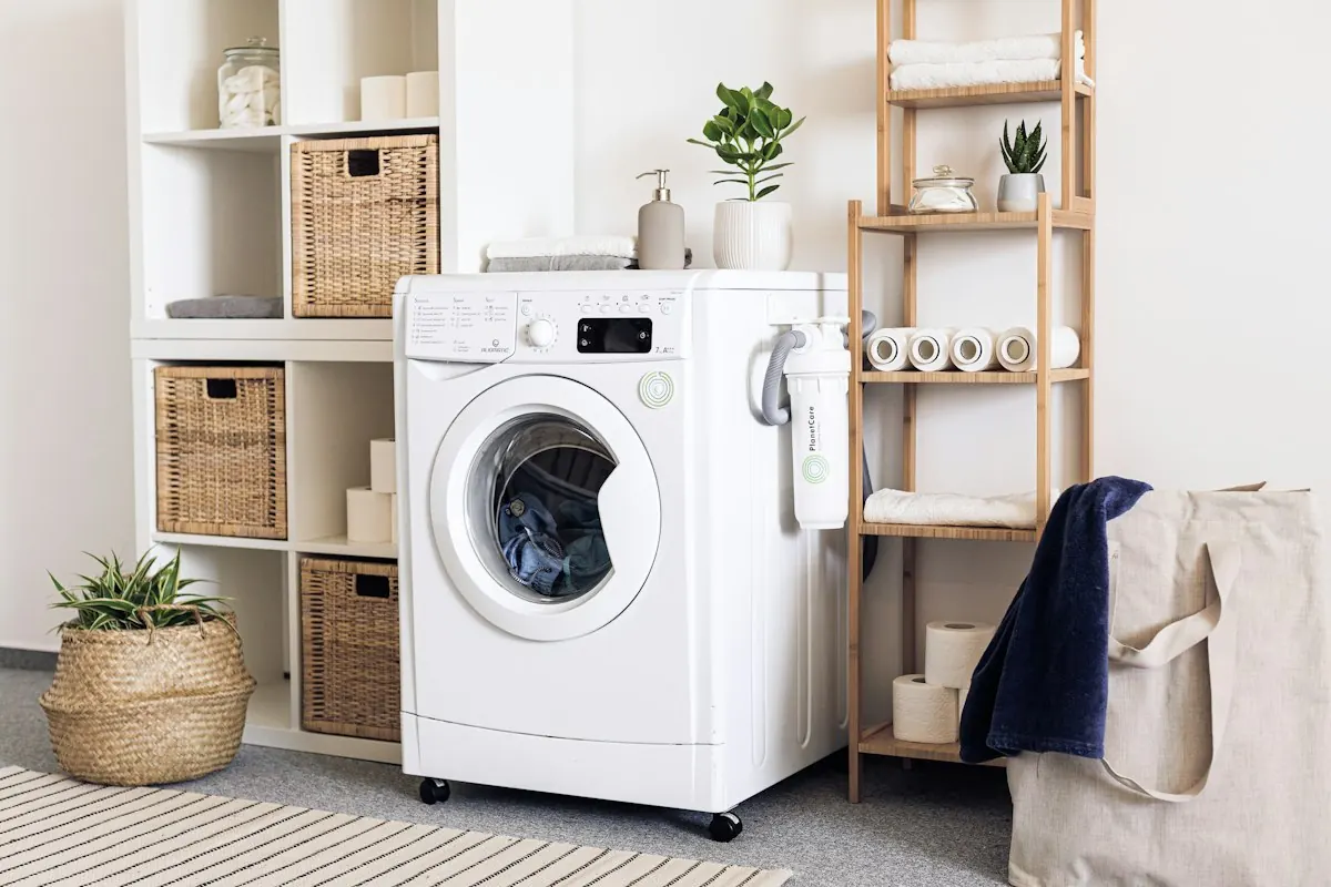 Laundry shelves with labeled woven baskets