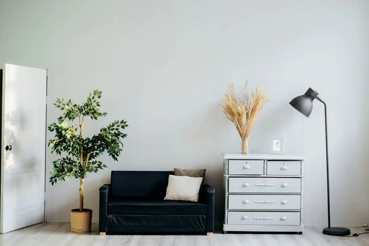 Clutter-free living room with a dresser, plant and floor lamp