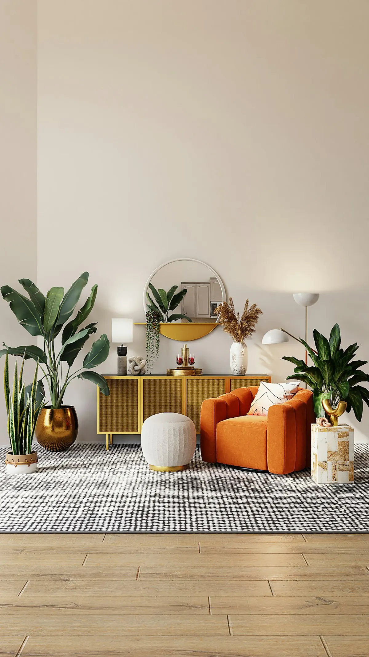 Styled sideboard with plants, a mirror and an accent chair